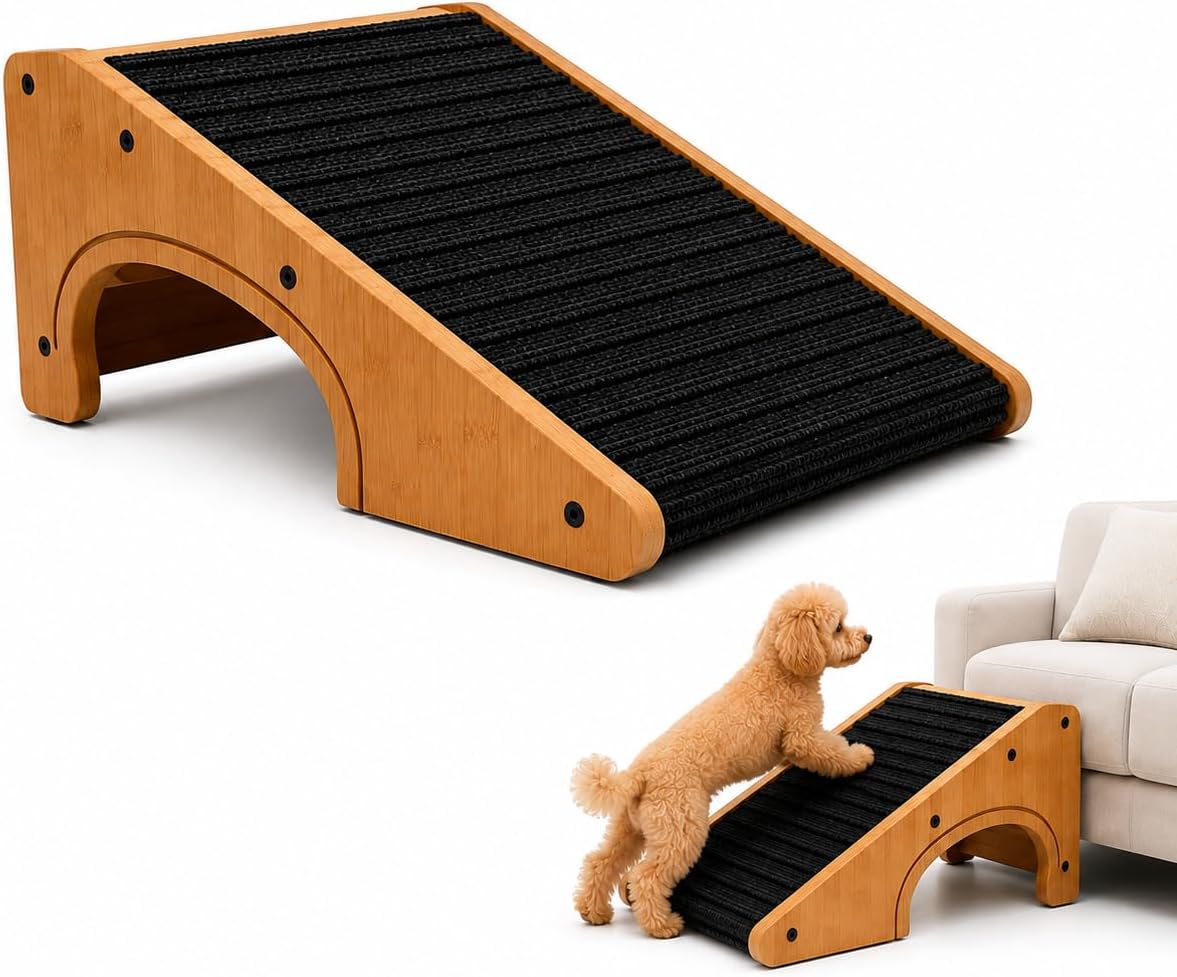 Wooden Dog Ramp for Stairs, Extra Wide 16.9" Pet Ramp with Arch Support Design and Anti-Slip Carpet Surface, Low Angle Ramp for Small Dogs & Cats, Senior Injured Pets, Sofa Bed Access