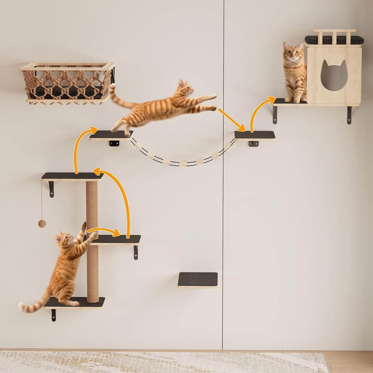 5-in-1 Cat Wall Shelves Set with Hammock, Wall-Mounted Cat Furniture Includes Condo, Bridge, Ladder & Steps for Indoor Cats, Safe & Stable (Gray)