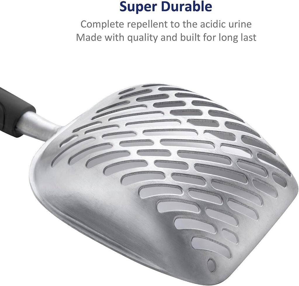 WePet Cat Litter Scoop, Aluminum Alloy Sifter, Kitty Metal Scooper, Deep Shovel with Diagonal Sifting Hole, Long Handle, Kitten Poop Lifter for Litter Box, Medium Size, Black Handle