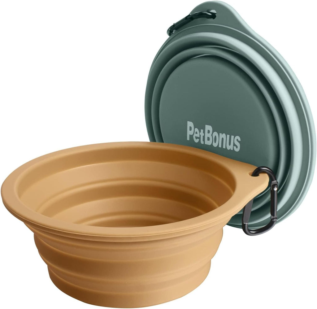 PetBonus 2-Pack Large Silicone Collapsible Dog Bowls, 34oz/1000ml BPA Free Portable Foldable Travel Bowl for Pet Cat, Food Water Feeding Dish for Camping with 2 Carabiners (Turquoise, Tan) | 34 Oz, Silicone, Foldable Expandable Cat Feeding Cup Dish, 2 ...