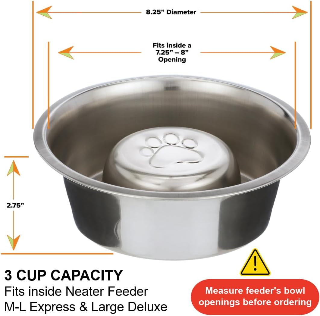 Neater Pet Brands Stainless Steel Slow Feed Dog Bowl for Fast Eating Large Breed, Metal Slow Feeder Dog Bowl Fits in Large Neater Feeders, for Puppy or Dogs (>40 lbs), 3 Cup Food Capacity 