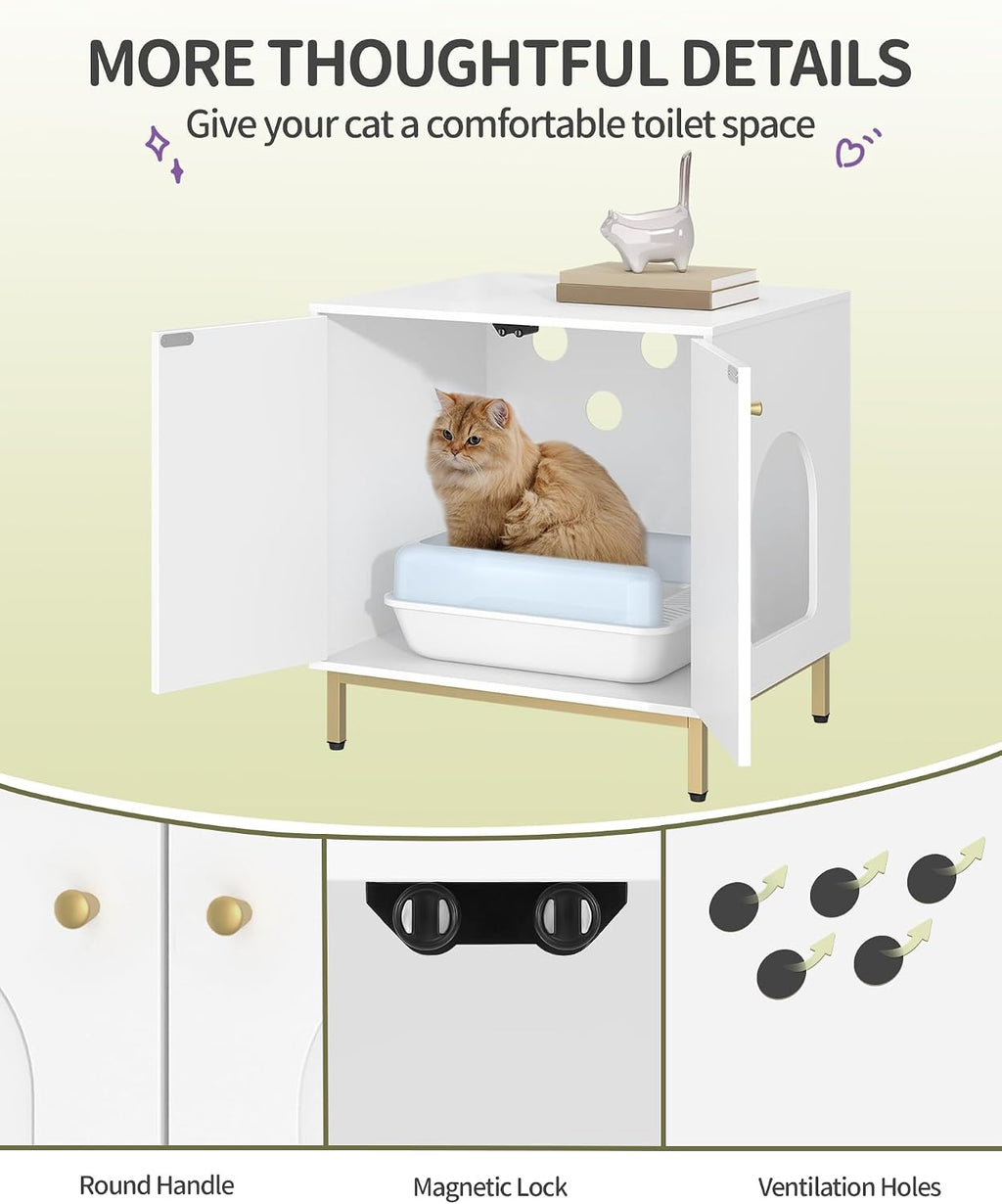 Hzuaneri Cat Litter Box Enclosure, Hidden Litter Box Furniture, Sisal Mat | Wooden Indoor Cat Cabinet, Modern Cat Washroom, Side End Table, for Living Room, Bedroom, White and Gold CB81203G
