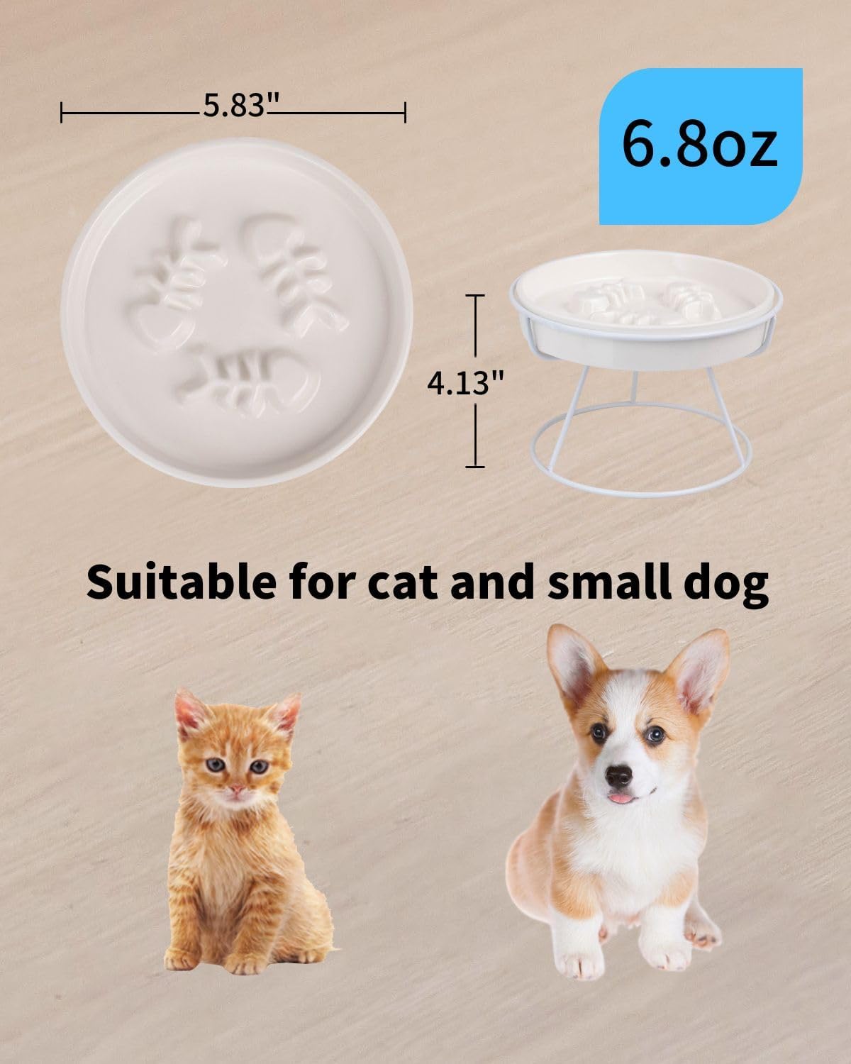 Ceramic Elevated Slow Feeder Cat Bowl, Anti Vomit, Removable Dish, White