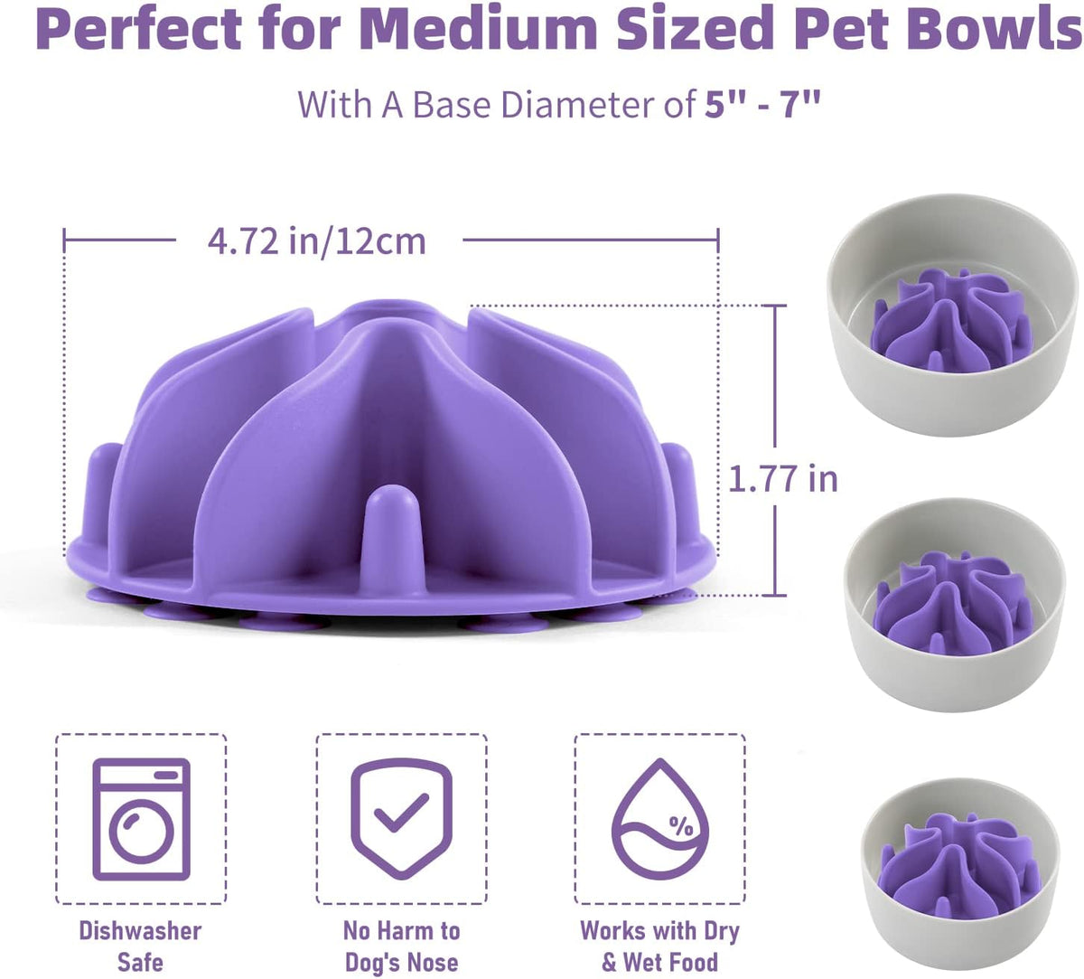Jaoul Slow Feeder Dog Bowls Insert, Puzzle Slow Feeder Insert with 30 Octopus Suction Cups for Small Medium Large Size Dog Food Bowl (4.72 inch, Purple)