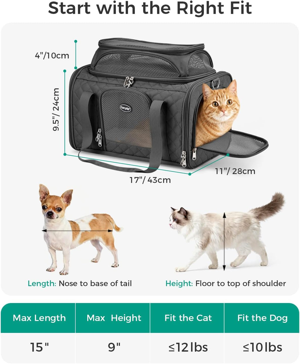 Airline Approved Cat Carrier with Expandable Top, 17x11x9.5 in, Black