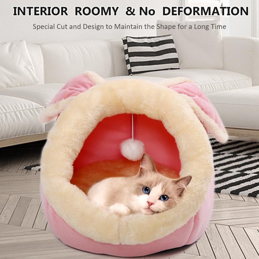 Cat Beds for Indoor Cats-Rabbit-Shaped Cat Cave Bed with Hanging Toy,Pink L
