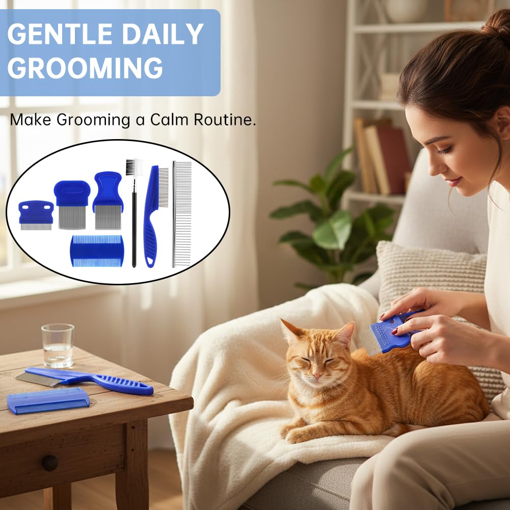 7PCS Pet Grooming Comb Set, Stainless Steel Flea Lice Tick Removal Combs