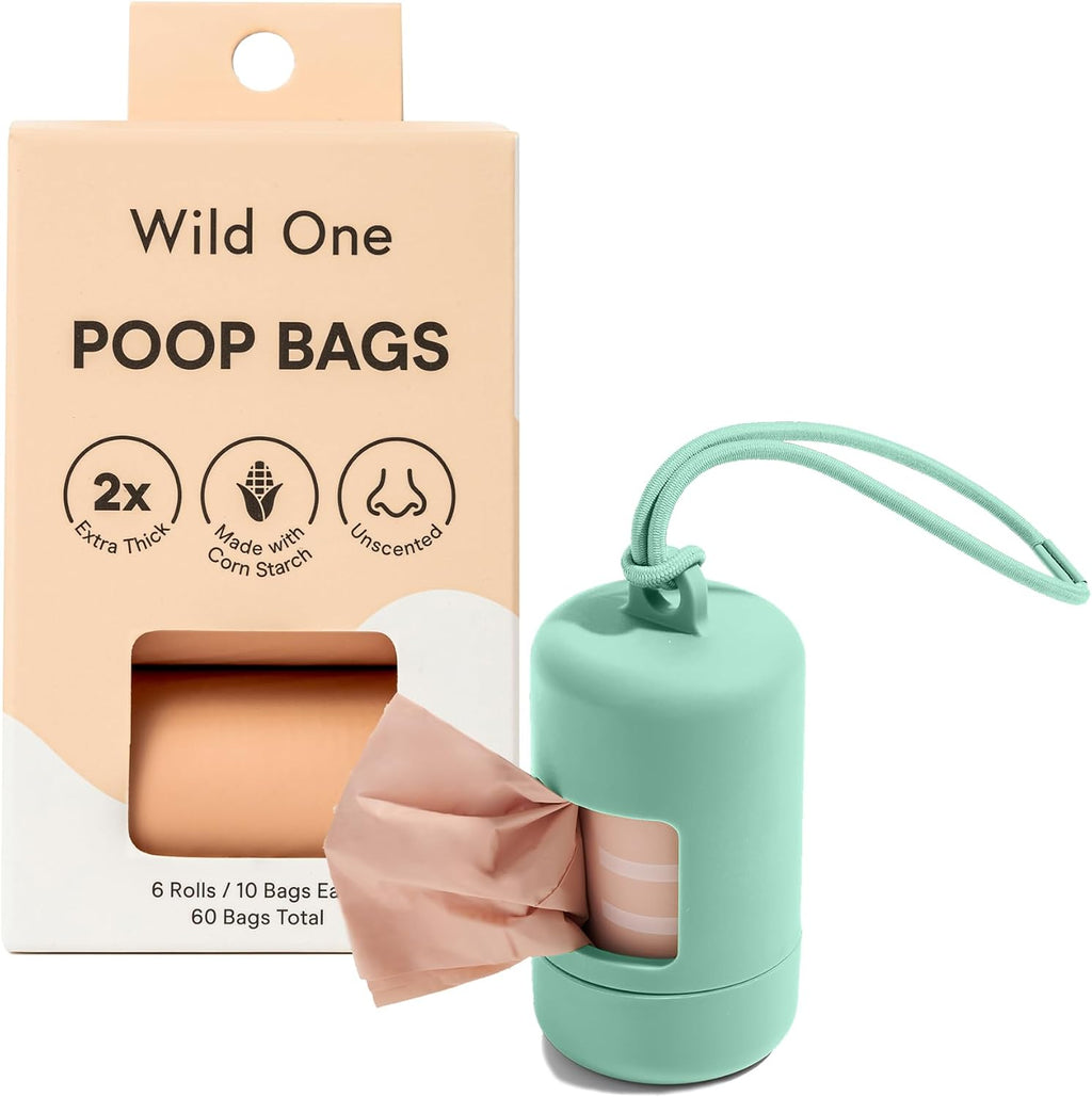 Wild One Dog Poop Bag Holder and Dispenser with Leash Attachment, Leak Proof, Easy Twist Top for Refills, Includes 1 Box Of Bags, Seafoam