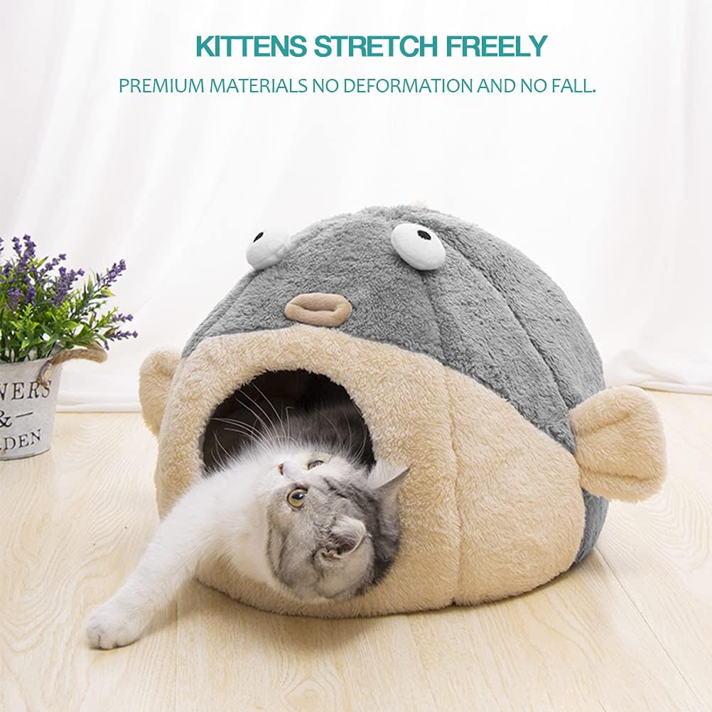 Cat Beds for Indoor Cats-Cat Bed Cave,Cute Lively Pufferfish shape,Grey L