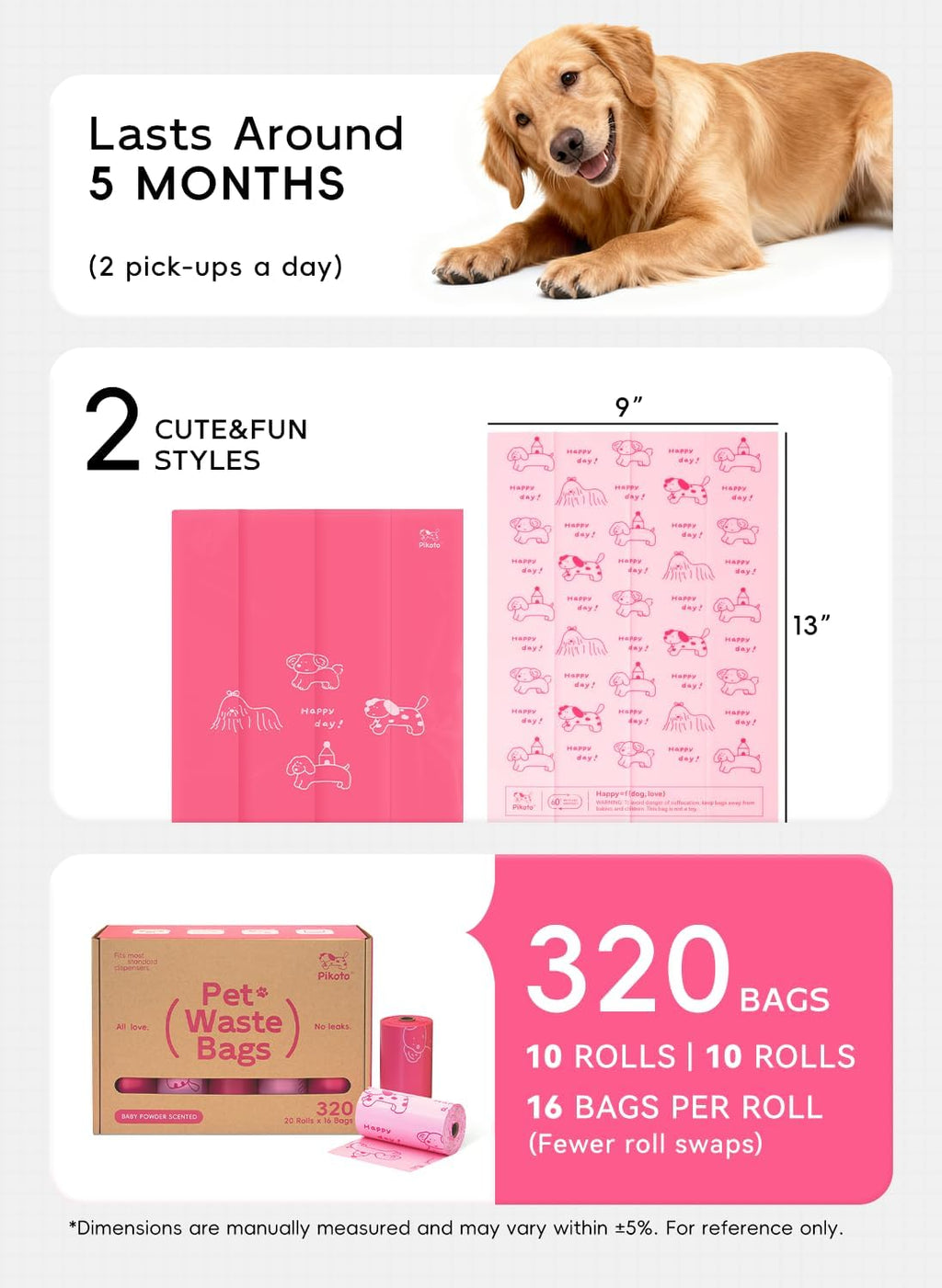 Dog Poop Bags Refill Rolls, 320 Bags, Pink | Baby Powder Scented, Extra Thick, 60% Recycled Plastic, Easy-Peel Sticker, 16 Bags Per Roll, Dual Pink Designs