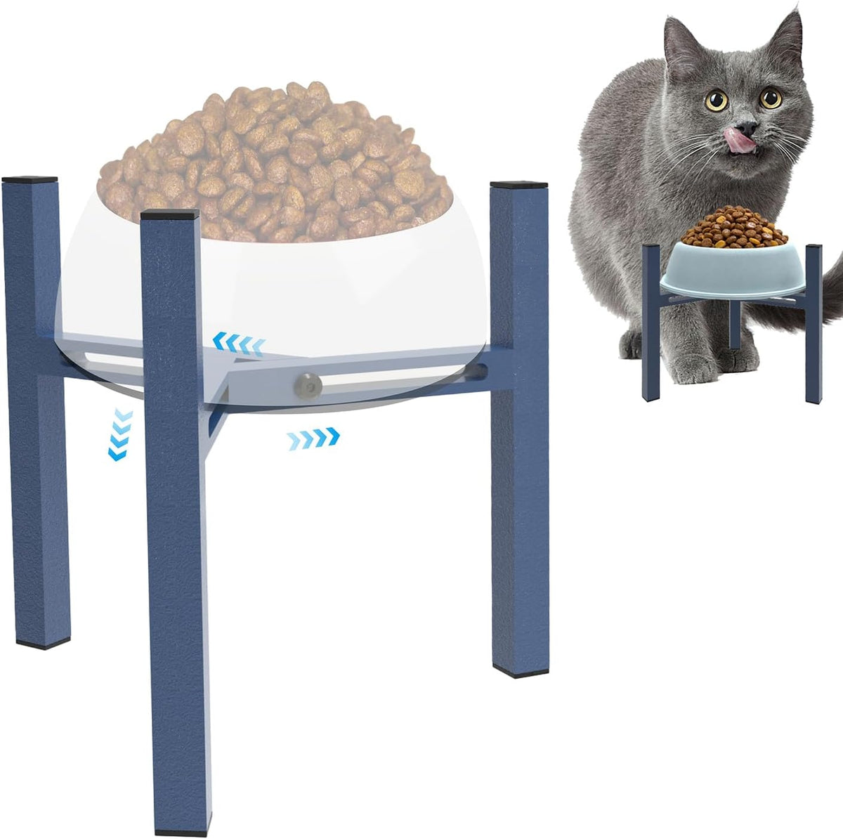 Elevated Cat Bowl Stand Good for Senior Cats Digestion Arthritis Relief - Adjustable Metal Feeder Riser, Fits 5.1-7.45” Round Bowls (No Bowls)（Blue）