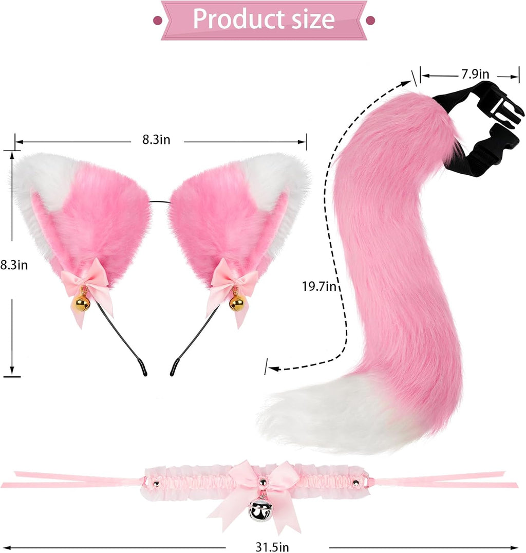 Cat Ears and Tail,Wolf Fox Ears Long Tail and Bell Lace Choker Set for Halloween,Animal Cosplay Party Costume