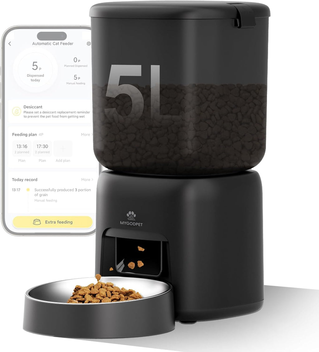 Automatic Cat Feeder, 5G WiFi Auto Cat Food Dispenser with Desiccant Bag, 5L Timed Pet Feeder with Free APP Service, Adjustable Portions Down to 1/12 Cup, Up to 10 Meals Per Day, Dual Power Supply