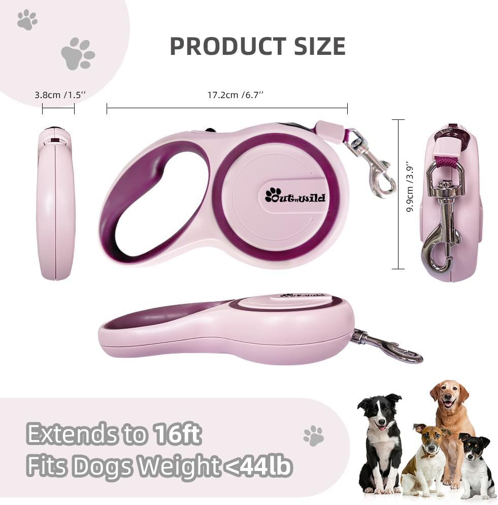 OUTnWILD Retractable Dog Leash - Retractable Dog Leash 16ft for Small/Medium Breeds/Pets Up to 44lbs. 360° Tangle Free Design with One Touch Quick-Lock Braking System&Anti-Slip Handle. (Pink, M)