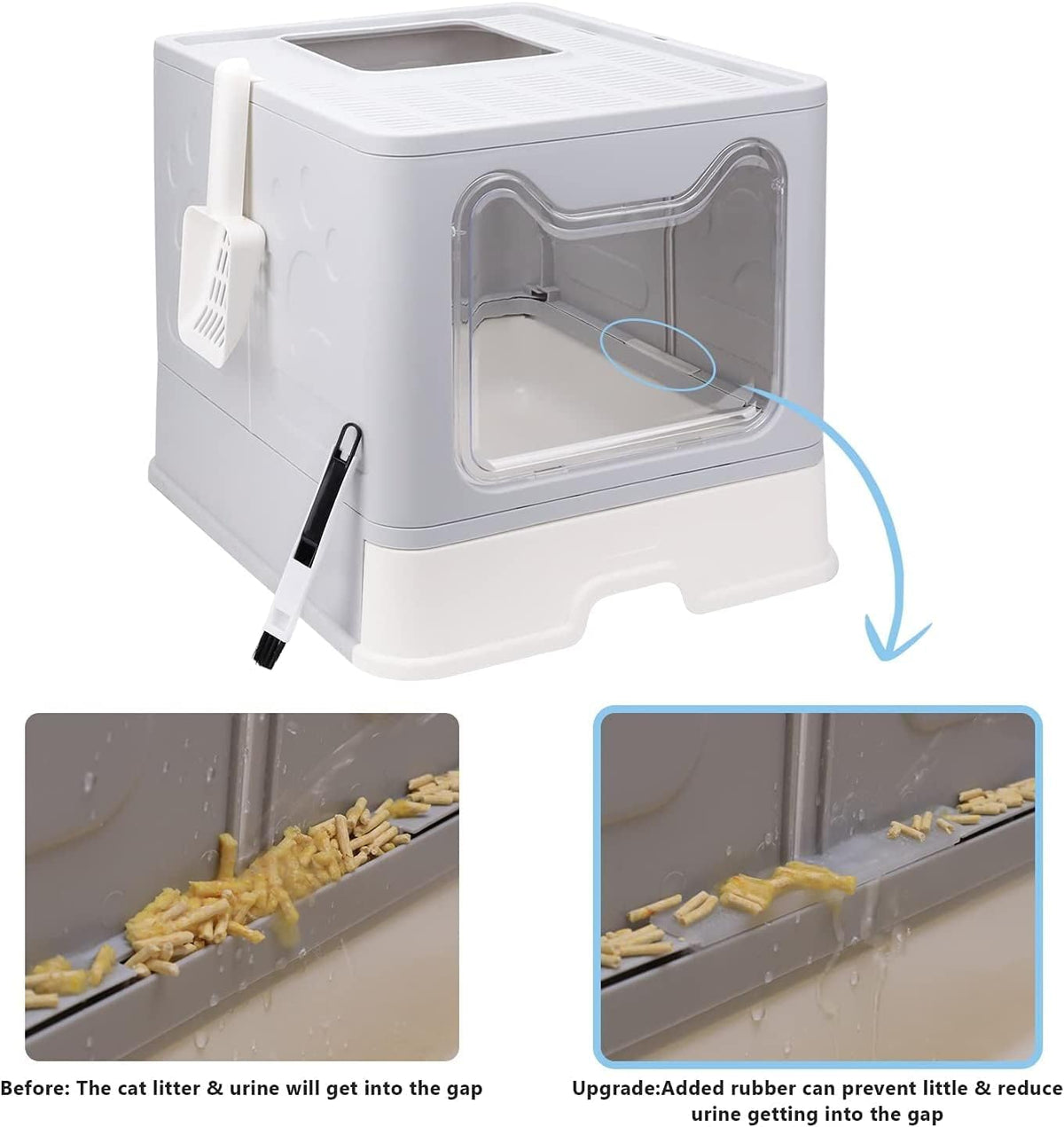 Foldable Cat Litter Box with Lid, Enclosed Potty, Large Top Entry Anti-Splashing Toilet, Easy to Clean Including Litter Scoop and 2-in-1 Cleaning Brush (Grey)
