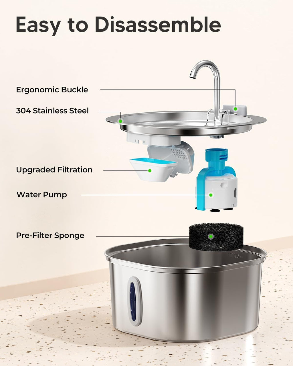 PEKTACO Stainless Steel Cat Water Fountain with 3 Filters, 3.2L/108oz