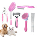7PCS Dog Grooming Brush Kit for Shedding and Matted Fur, Self-Cleaning Slicker Brush with Undercoat Rake, Flea Comb for Long-Haired Pets, Pink