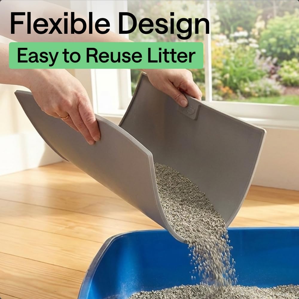 GORILLA GRIP Cat Litter Mat, Dual Layer Silicone Tray, 35x23, Gray