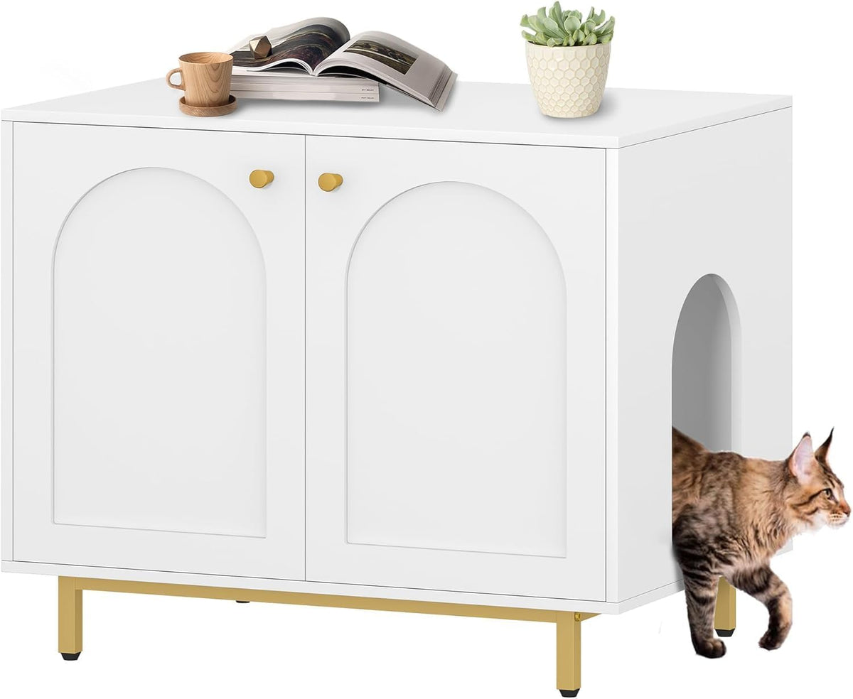 Hzuaneri Cat Litter Box Enclosure, Hidden Litter Box Furniture, Sisal Mat | Wooden Indoor Cat Cabinet, Modern Cat Washroom, Side End Table, for Living Room, Bedroom, White and Gold CB85003G