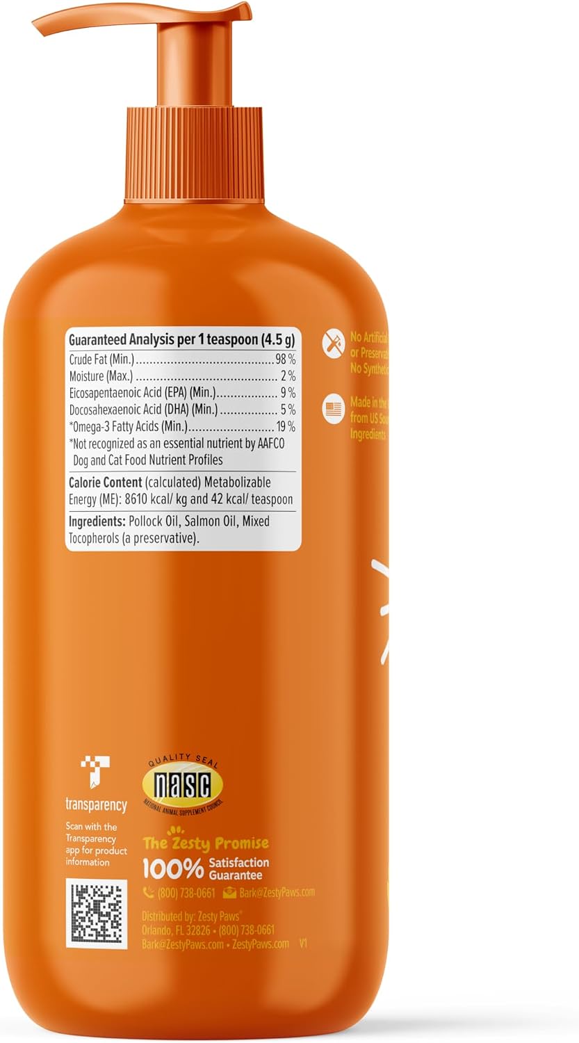 Zesty Paws Salmon Oil for Dogs & Cats - Omega 3 for Dogs & Cats, 32 oz