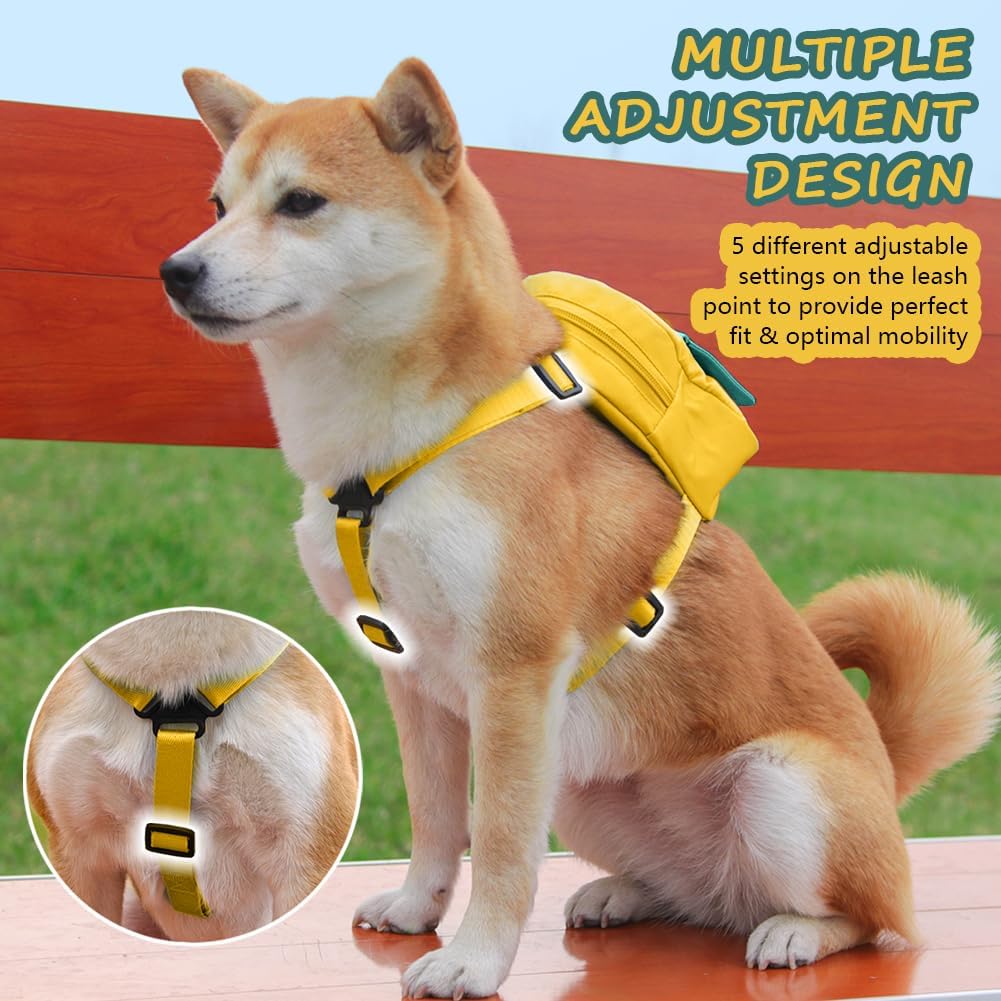 Dog Backpack Harness with Leash,Cute Pet Puppy Backpacks Bulid-in Dog Poop Bag Dispenser,Adjustable Pets Self Carrier Bag for Small Medium Dogs Travel Hiking Daily Walking(M, Yellow)