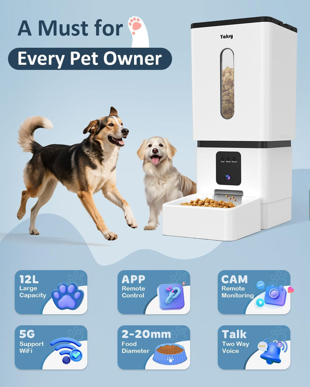 Automatic Dog Feeder Large Breed: 12L/50 Cup Capacity for Kibble up to 20mm