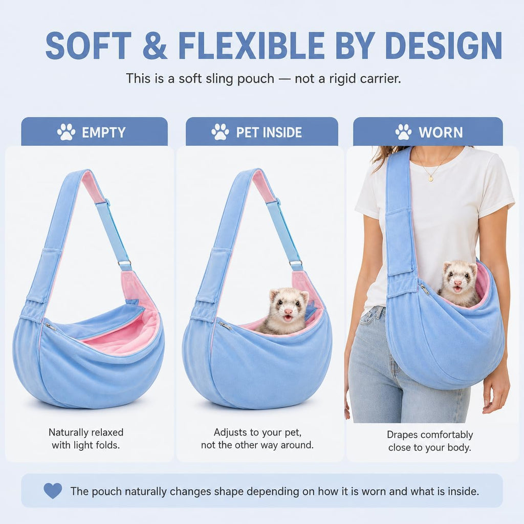 Ferret Sling Carrier, Soft Fleece Small Pet Carrier Bag with Adjustable Shoulder Strap, Hands-Free Bonding Travel Pouch for Guinea Pigs, Kittens, Puppies & Small Rabbits Under 10 lbs, Blue