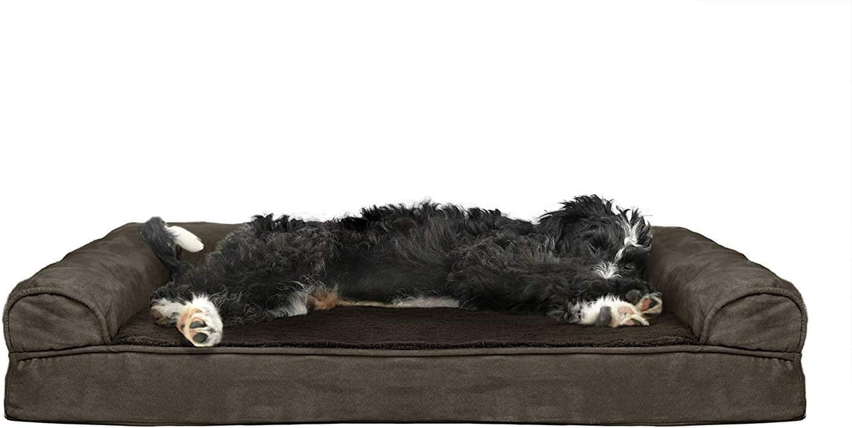 Furhaven Cooling Gel Dog Bed for Large/Medium Dogs w/ Removable Bolsters & Washable Cover, For Dogs Up to 55 lbs - Plush & Suede Sofa - Espresso, Large