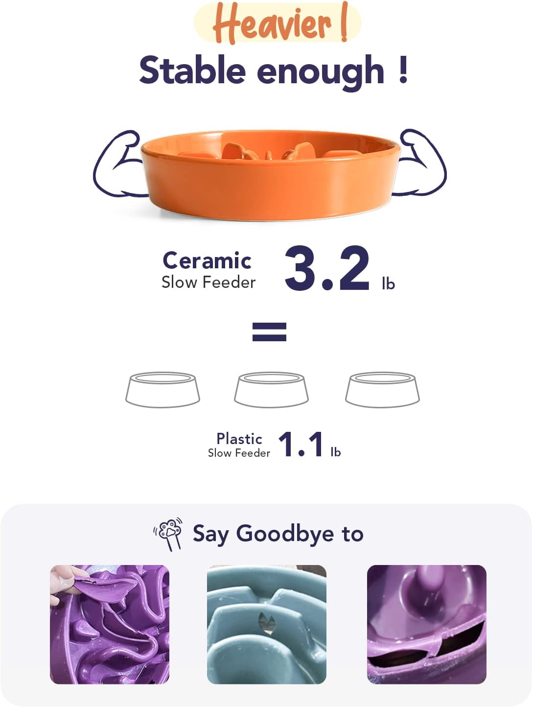 LE TAUCI Ceramic Slow Feeder Puzzle Bowl Elevated 1.5 Cup with Wooden Stand for Small & Medium Dog, Fast Eater Food Bowl Sun Orange 