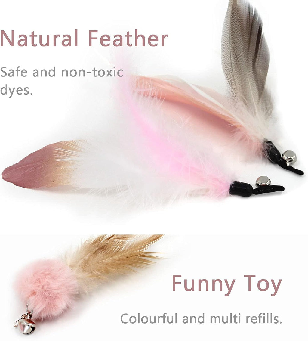 SONGWAY Interactive Cat Feather Toy Set - Retractable Teaser Wand with 6 Pcs Feather Refills with Bell, Cat Wand Toys for Indoor Cats Kittens Play Chase Exercise, Light Pink