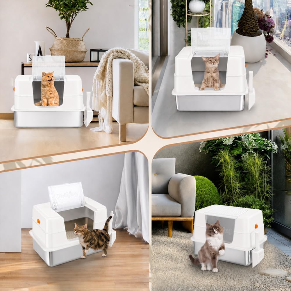 Vivifying XL Enclosed Stainless Steel Cat Litter Box with Lid, Beige | Spacious High-Sided Design with Removable Front Flap, Three Setup Modes, Scoop, and Easy-Clean Stainless Steel Pan