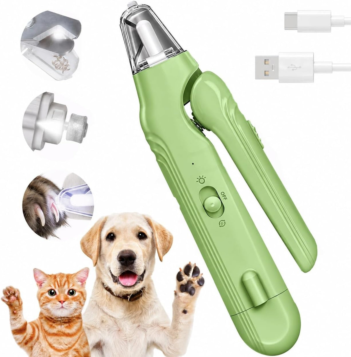 Dog Nail Clippers with Light & Grinder, See the Quick on Black Nails Green