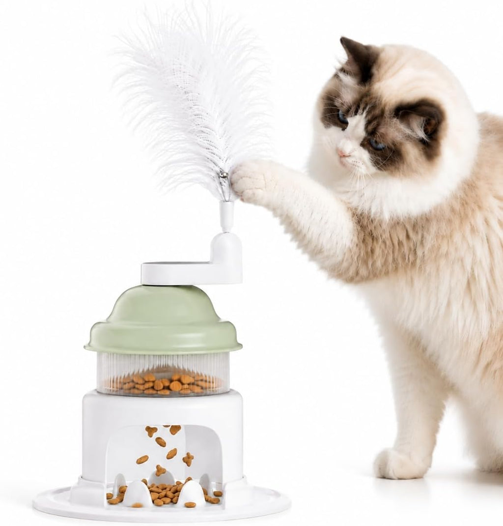Cat Slow Feeder Toy with Feather Teaser, Interactive Puzzle Feeder for Cats, Mental Stimulation Foraging Toy, Suitable for Dry & Wet Food(Green)