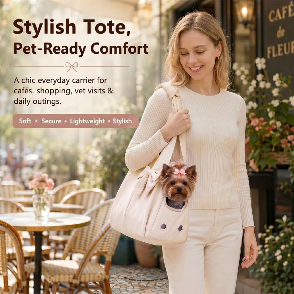 Fashion Dog Purse Carrier for Small Dogs and Cats, Soft-Sided Puppy Tote Bag Up to 13 lbs, Lightweight Pet Carrier with 4 Pockets, Smart Zipper Lock, Pet Travel Bag for Travel Outdoor(Beige)