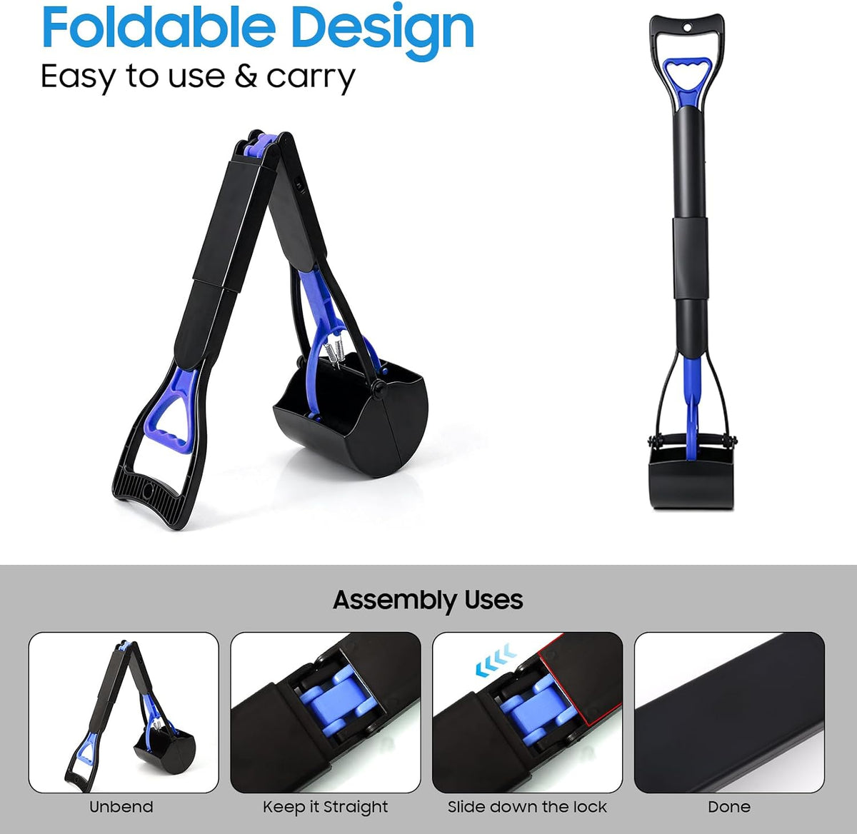 27.56" Pooper Scooper for Dogs, Foldable & Durable Poop Scooper, Blue