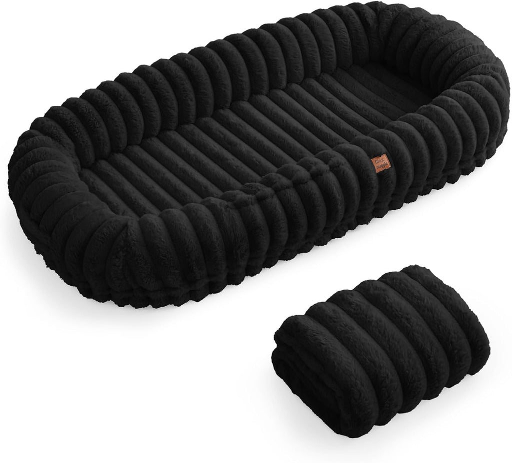 ChiXnuggle Orthopedic Human Dog Bed,Striped Faux Fur Washable Cover,Blanket