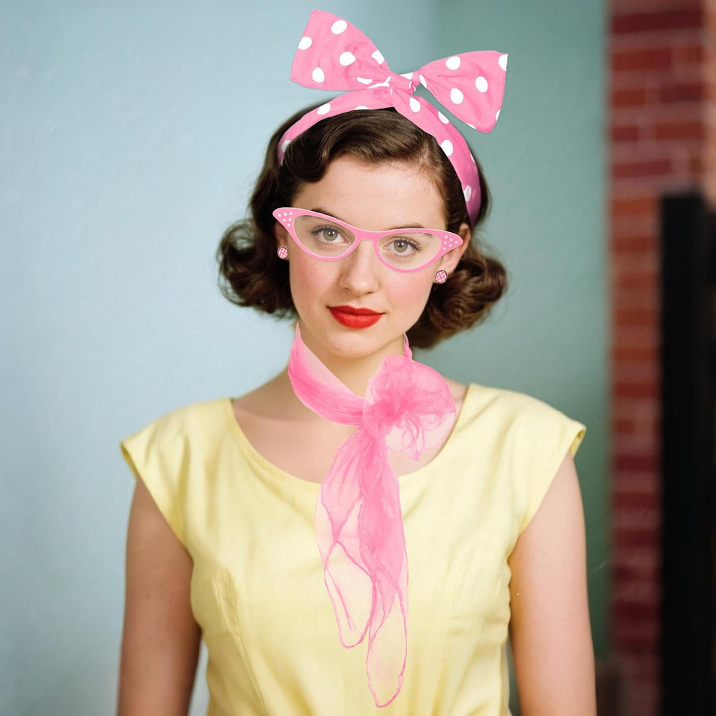 50s Set 50's Costume Accessories Chiffon Scarf Cat Eye Glasses Bandana Tie Headband Earrings for Cosplay Party