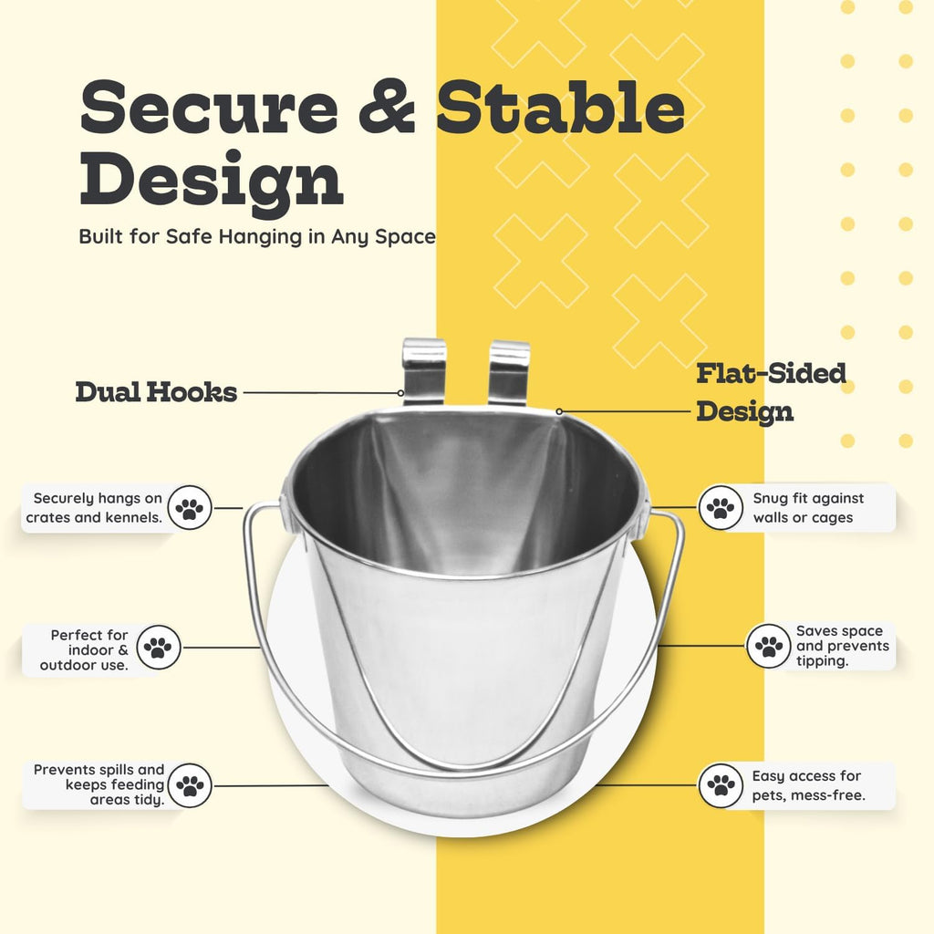 4 Quart Stainless Steel Flat Sided Bucket with Dual Hooks | 1 gal Durable Food & Water Bowl for XL Dogs, Cats, Goat & Livestock | Fits kennel Cage Critter Crate | Hanging Utility Pet Pail