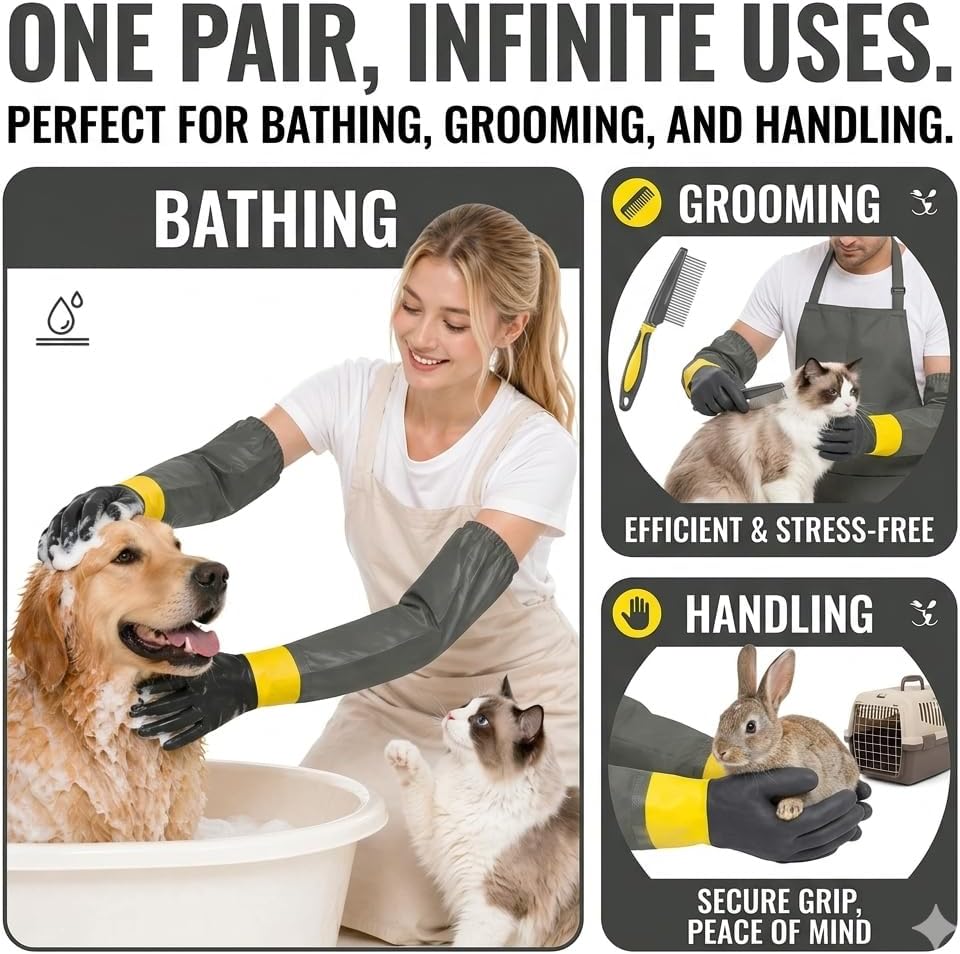 Thickened Pet Bathing Gloves with Waterproof Long Sleeves, 29.5 Inch Rubber Scratch Resistant Handling Gloves for Grooming, Puncture Proof Pet Supplies for Aggressive Cats, Small Dogs, Rabbits