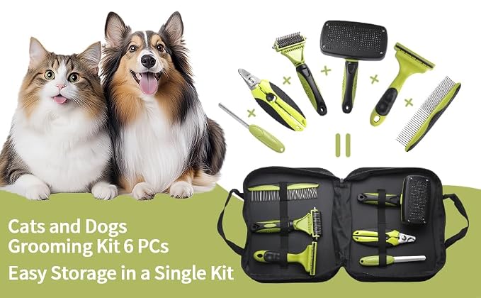 6 PCS Dog and Cat Grooming Kit, Versatile Tools Including Shedding Brush, Nail Clipper with Nail File, Slicker Brush, Dematting Comb