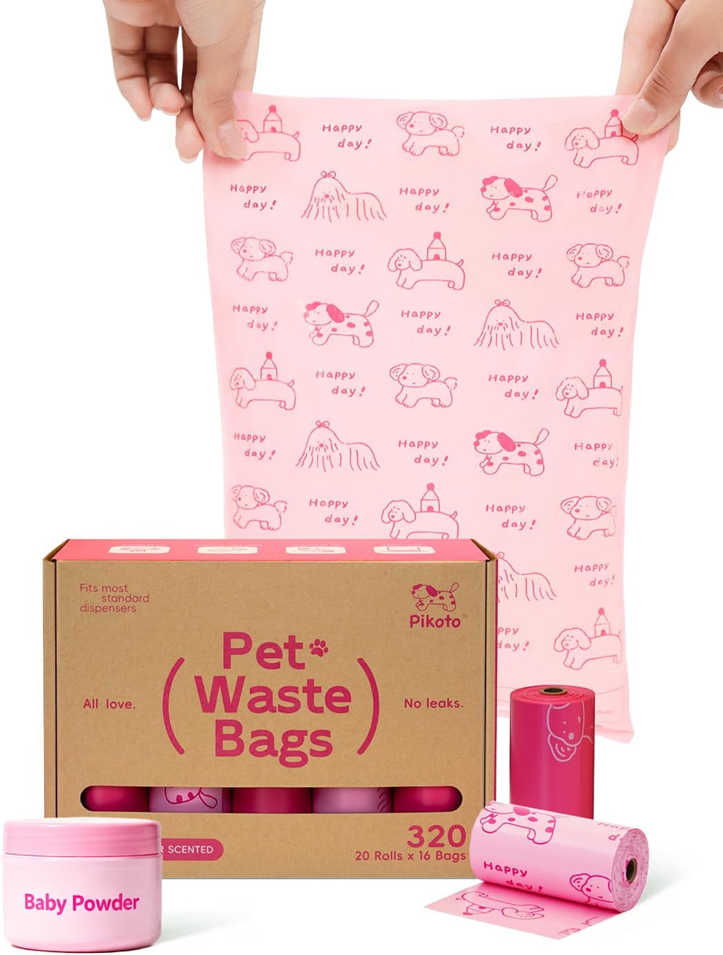 Dog Poop Bags Refill Rolls, 320 Bags, Pink | Baby Powder Scented, Extra Thick, 60% Recycled Plastic, Easy-Peel Sticker, 16 Bags Per Roll, Dual Pink Designs