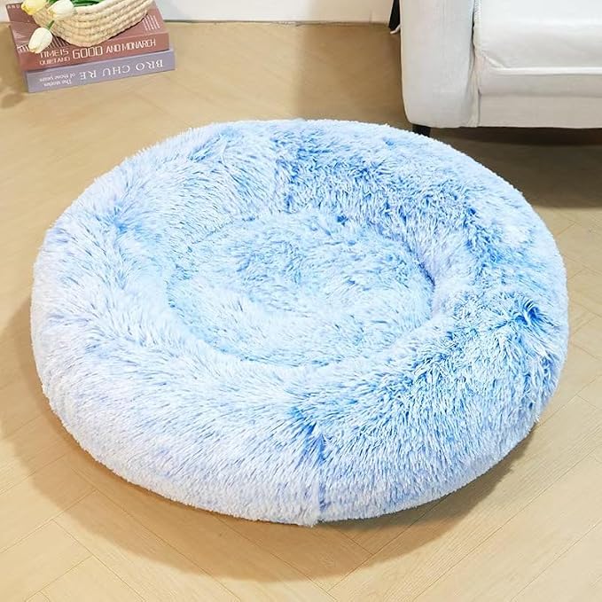 Cat Beds for Indoor Cats - Cat Bed Washable 24 inches, Dog Beds for Small Medium Dogs, Anti Anxiety Round Fluffy Plush Faux Fur Cat Bed, Thick Bottom (Cornflower Blue, Large 24" L x 24" W)