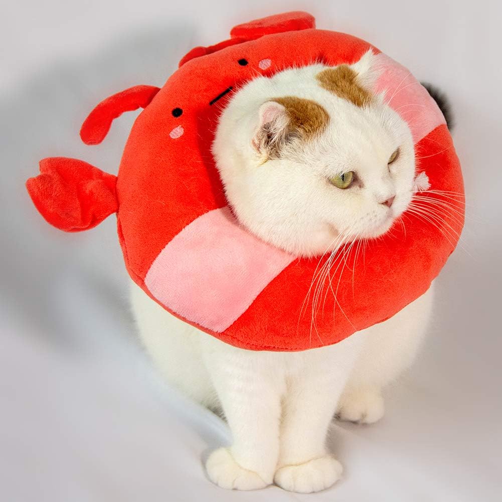 Adjustable Cat Recovery Collar Soft,Cute Pet E-Collar Neck Cone After Surgery Wound Healing Protective Cone Fit for Kitties, Small Dogs(ELC05-lobster-l)