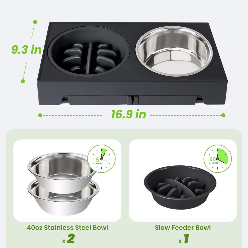 Elevated Dog Bowls with 5 Adjustable Heights Stand | Stainless Steel Bowls, Slow Feeder, 3.2" to 12.2" Hegiht Raised Dog Bowl for Small to Large Dogs