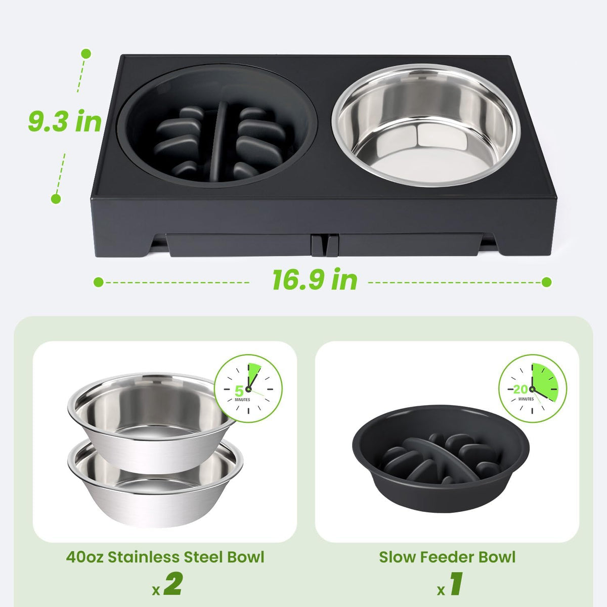 Elevated Dog Bowls with 5 Adjustable Heights Stand | Stainless Steel Bowls, Slow Feeder, 3.2" to 12.2" Hegiht Raised Dog Bowl for Small to Large Dogs