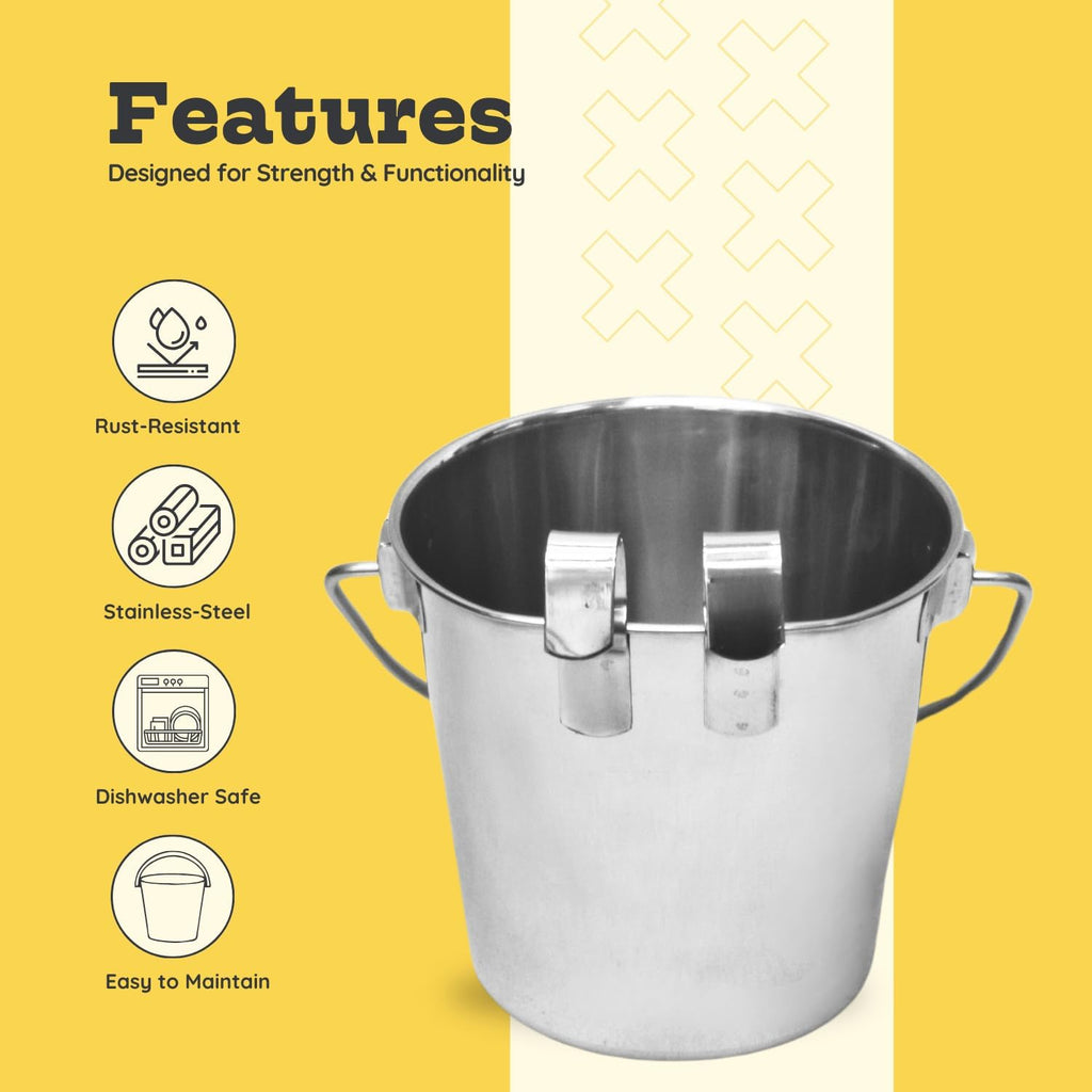 4 Quart Stainless Steel Flat Sided Bucket with Dual Hooks | 1 gal Durable Food & Water Bowl for XL Dogs, Cats, Goat & Livestock | Fits kennel Cage Critter Crate | Hanging Utility Pet Pail