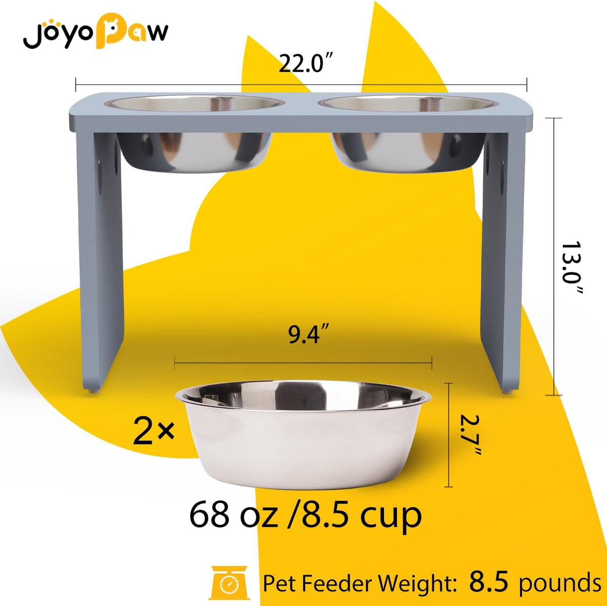 Elevated Dog Bowls, Bamboo Raised Dog Bowl for Large Dogs, with 2 Stainless Steel Bowls (13'' Tall-68 oz Bowl, Grey)