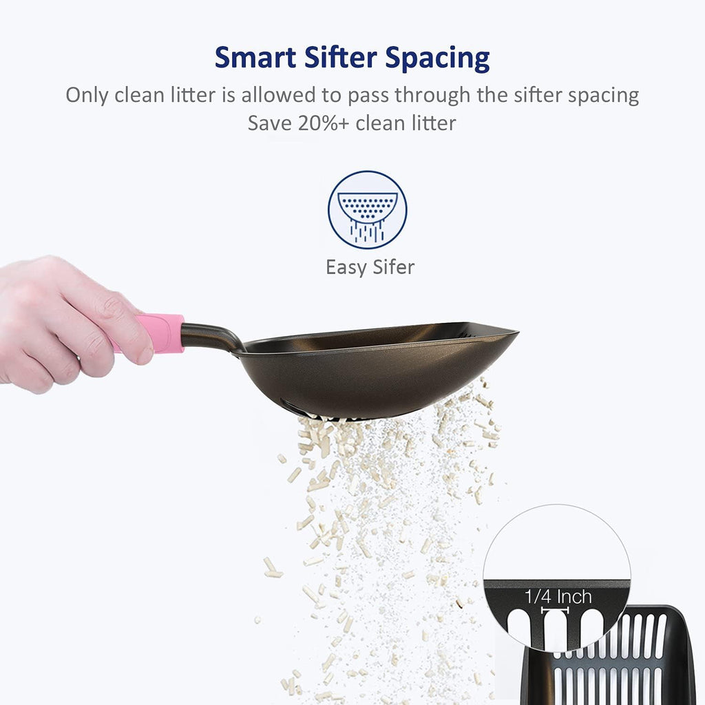 WePet Cat Litter Scoop, Non-Stick Plated Aluminum Alloy Sifter, Kitty Durable Metal Scooper, Deep Shovel, Long Handle, Kitten Pooper Lifter, Size Large, Coated Black Body with Pink Handle