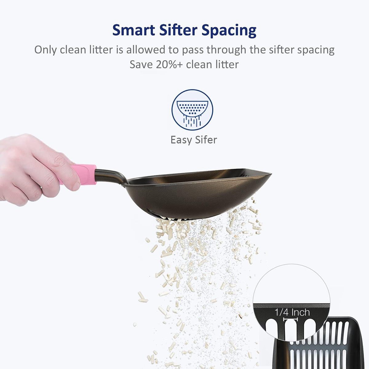 WePet Cat Litter Scoop, Non-Stick Plated Aluminum Alloy Sifter, Kitty Durable Metal Scooper, Deep Shovel, Long Handle, Kitten Pooper Lifter, Size Large, Coated Black Body with Pink Handle