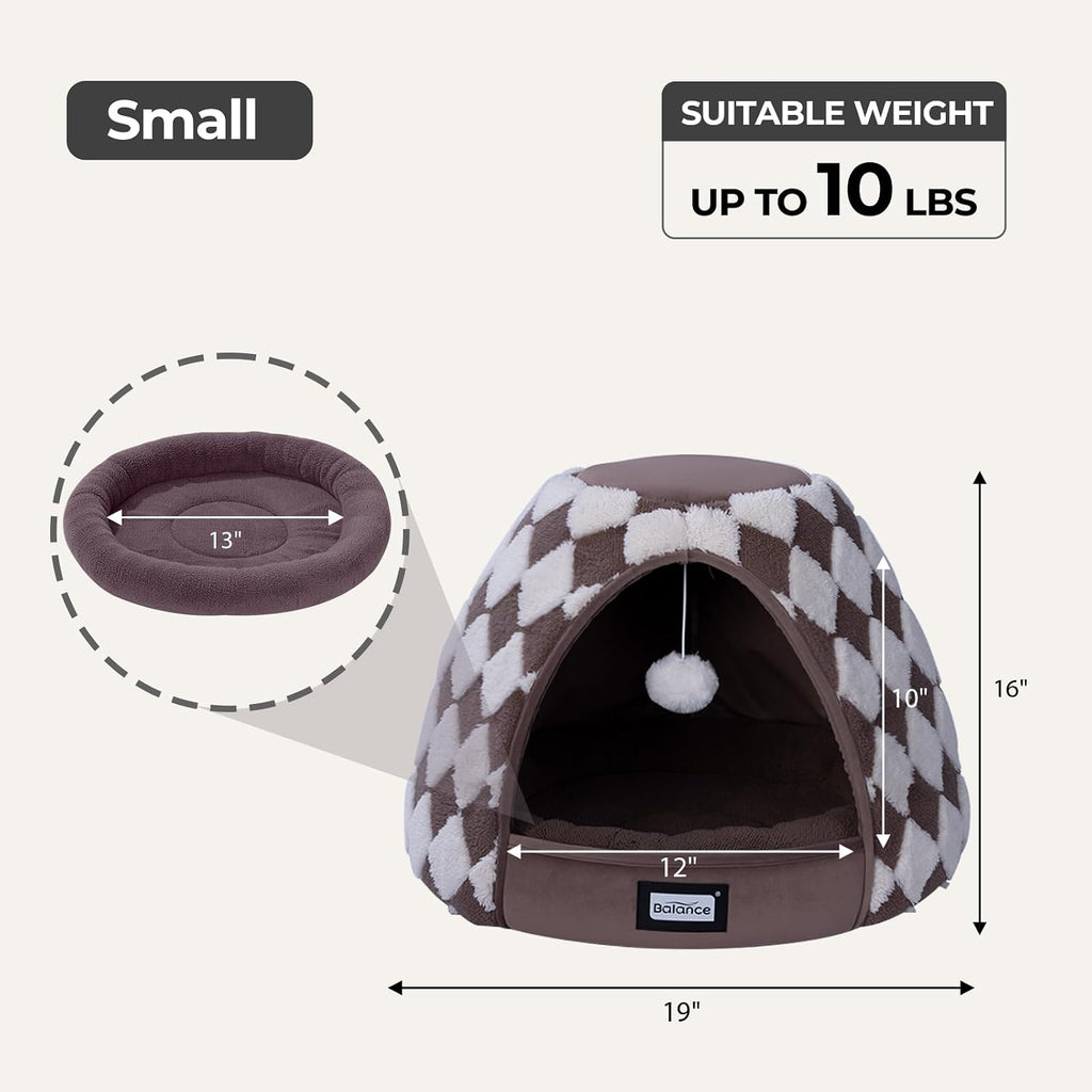 BALANCE Cat Beds for Indoor Cats, 2-in-1 Cat Bed Cave with Anti-Slip Bottom and Ultra-Soft Plush, Cozy Cats House Tent for Kittens and Small Dogs, 19 Inches, Dark Brown